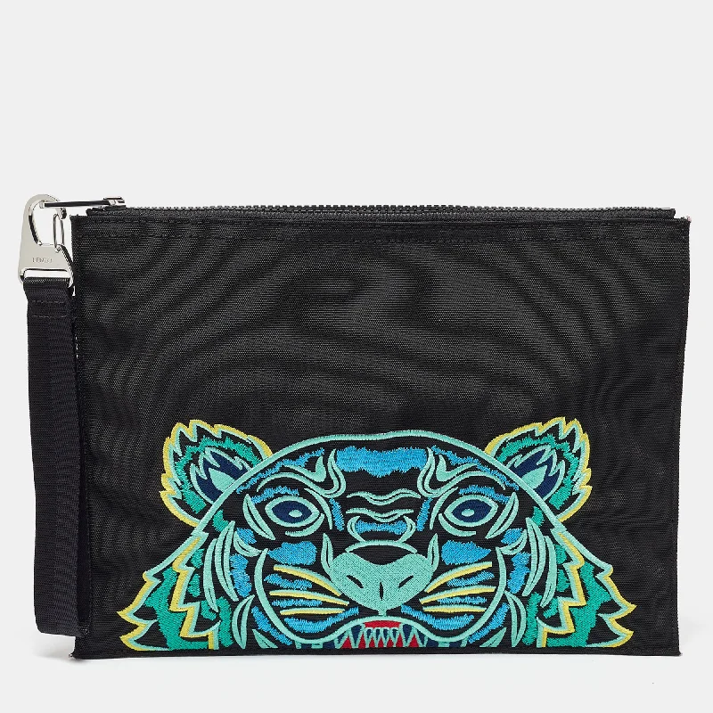 Handle bags with expandable sides for flexibility -Kenzo Black Tiger Embroidered Leather Zip Flat Pouch