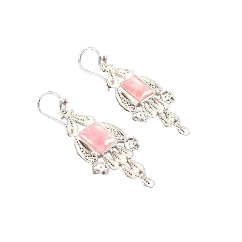 Drop Earrings for Festival Style -Handmade Sterling Silver Rose Quartz Pink Tulip Earrings (Peru)