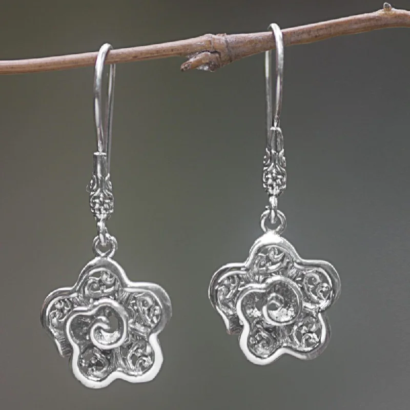 Drop Earrings with Embossed Patterns -Handmade Sterling Silver 'Bold Frangipani' Earrings (Indonesia) - 5mm W * 41mm L