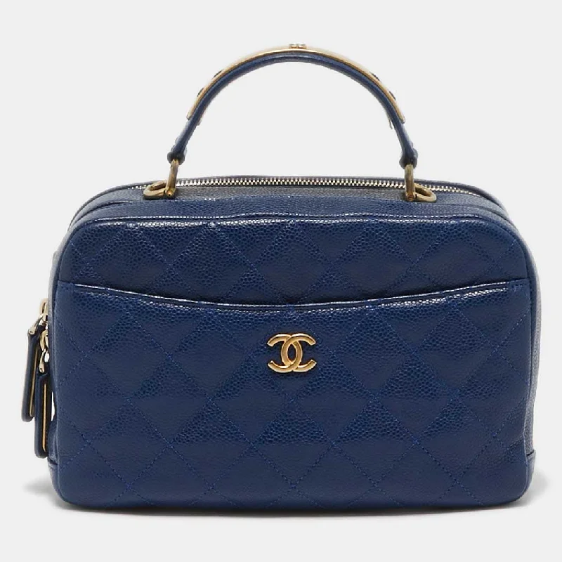 Handle bags with vintage vibes for nostalgia -Chanel Blue Quilted Caviar Leather Carry Around Top Handle Bag