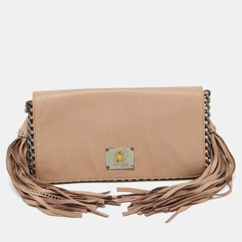 Handle bags with inner compartments for essentials -Roberto Cavalli Beige Leather Tassel Chain Link Clutch