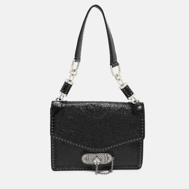 Handle bags with sleek zippers for closure -Alexander Mcqueen Black Embossed Patent Leather Top Handle Bag