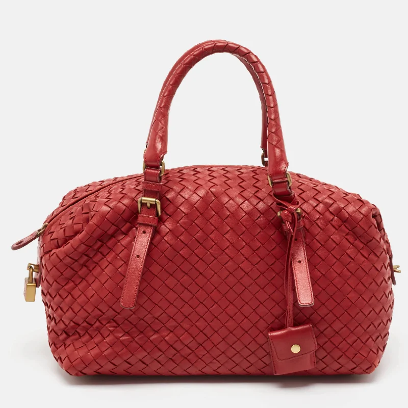 Handle bags with reinforced stitching for durability -Bottega Veneta Red Intrecciato Leather Montaigne Satchel