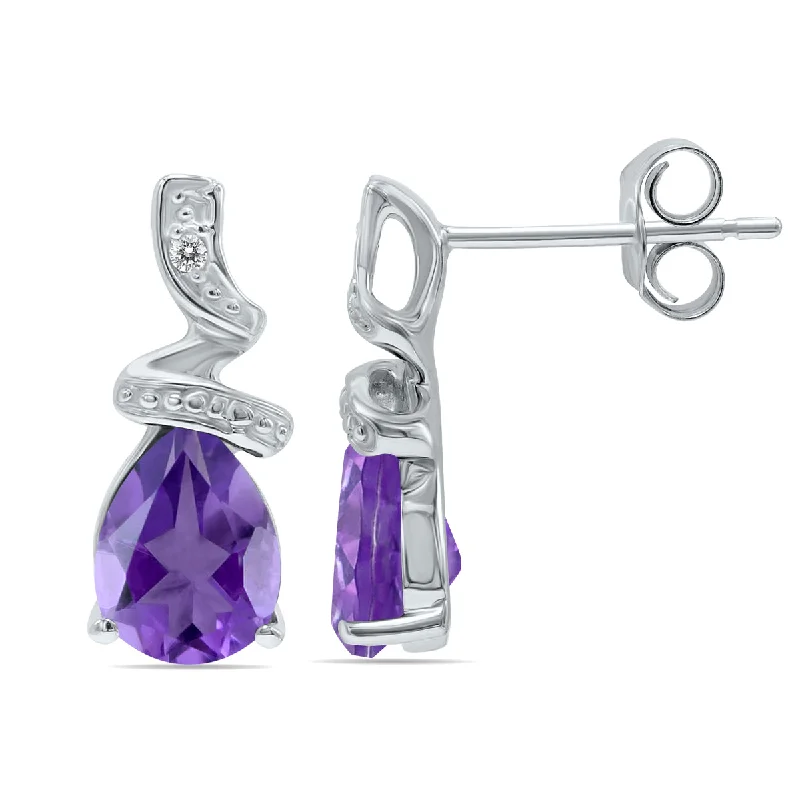 Drop Earrings for Travel Look -Pear Shaped Amethyst And Diamond Earrings In 10K White Gold