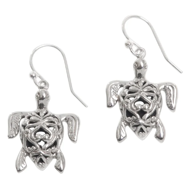 Square Drop Earrings for Modern -Handmade Sterling Silver 'Radiant Turtles' Earrings (Indonesia) - 1.3*0.7