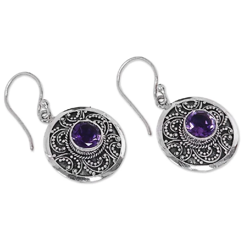 Drop Earrings with Embossed Patterns -Sterling Silver 'Balinese Aura' Amethyst Earrings