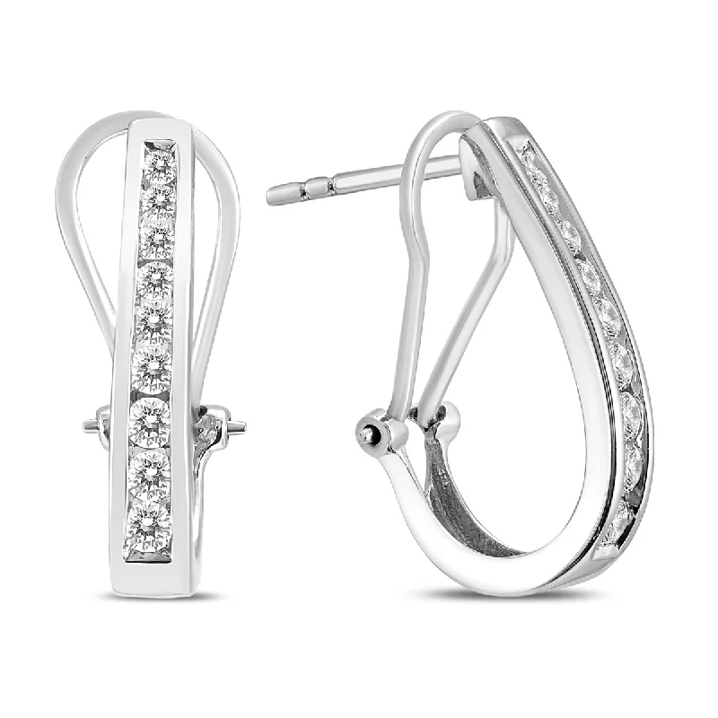 Drop Earrings for School Uniform -1/2 Carat Tw Channel-Set Diamond Omega Back Hoop Earrings In 14K White Gold Clarity