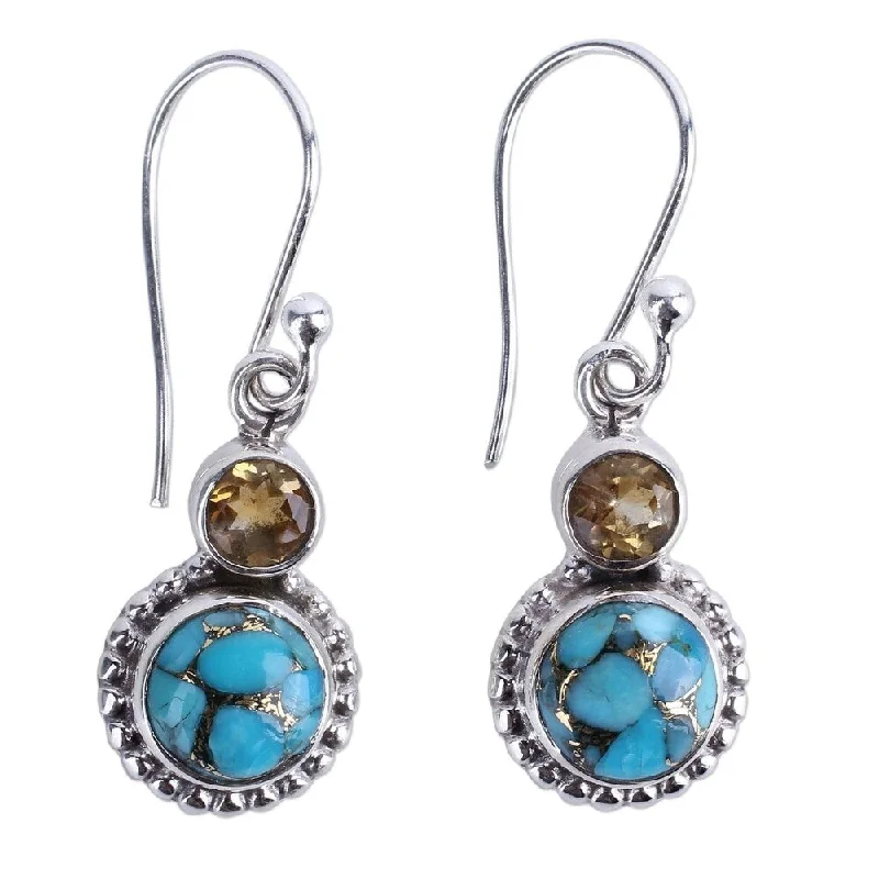 Sterling Silver 'Earth and Sun' Citrine Turquoise Gemstone Earrings - 1.3*0.4