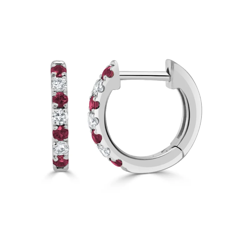 Pearl Drop Earrings for Elegance -Joelle Collection Ruby & Diamond Huggie Earrings 14K Gold 11mm