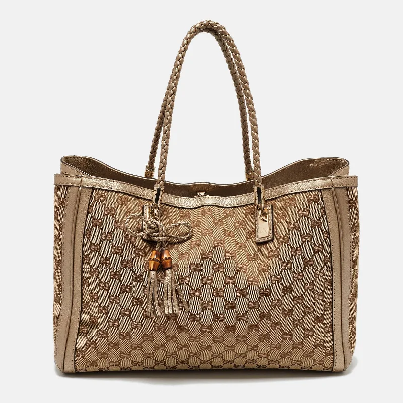 Handle bags with expandable sides for flexibility -Gucci Beige/gold Gg Canvas And Leather Bella Tote