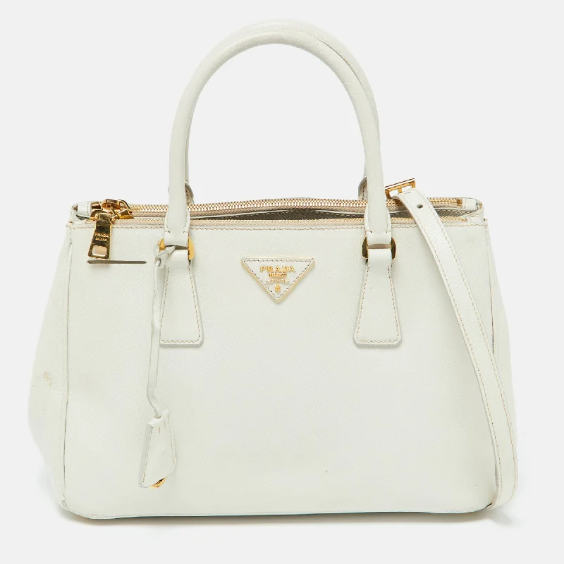 Handle bags with sleek silhouettes for fashion -Prada White Saffiano Leather Medium Galleria Double Zip Tote