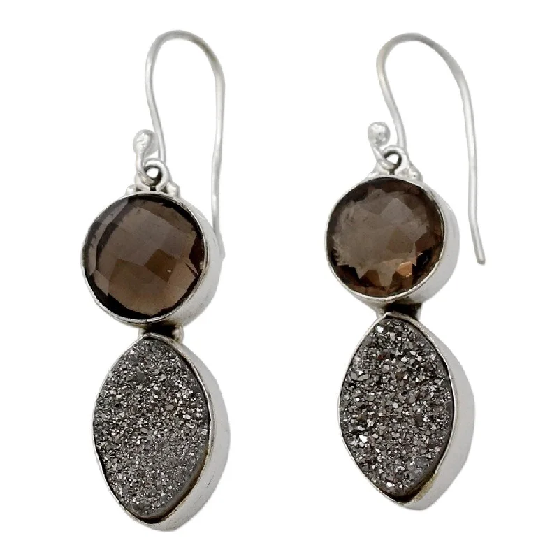 Vintage Drop Earrings with Patina -Handmade Sterling Silver 'Stormy Night' Drusy Smoky Quartz Earrings (India) - 1.7*0.4