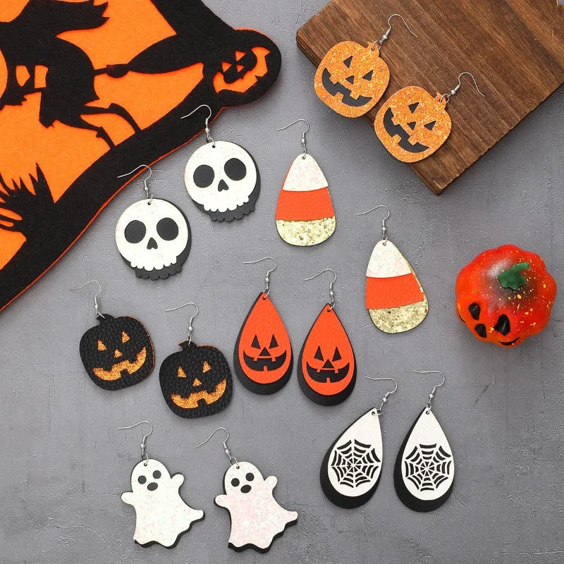 Gold Drop Earrings for Women -Wholesale Halloween Cute Cartoon Pumpkin Ghost Dark Horror Skull Personality Earrings