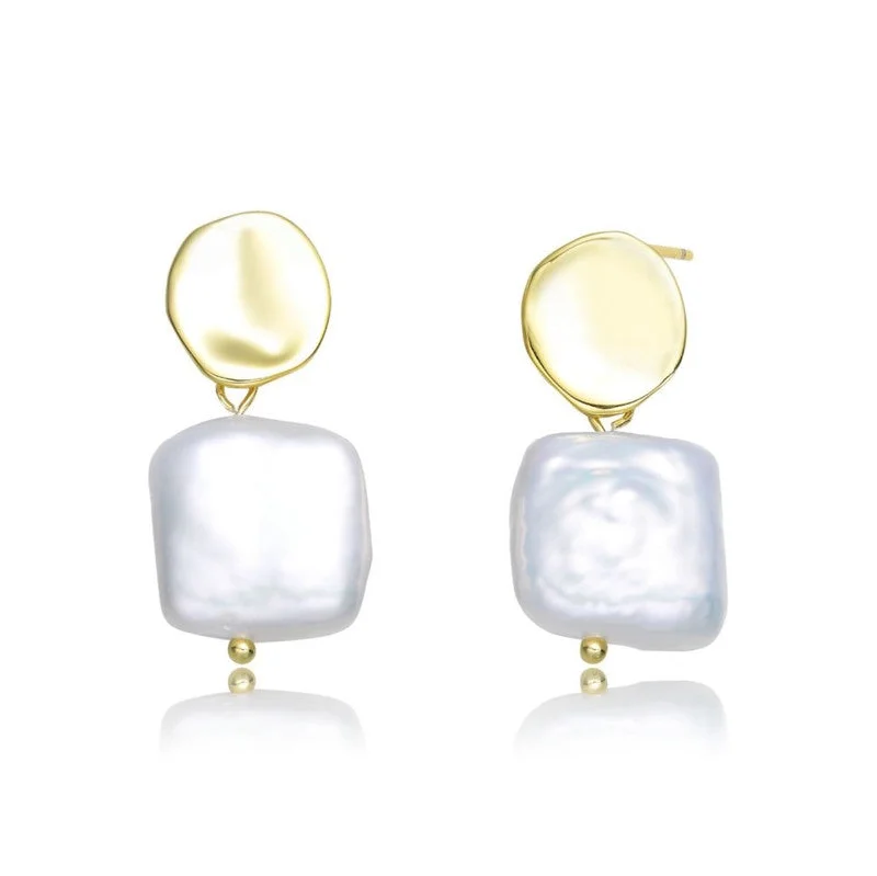 Square Drop Earrings for Modern -Very Stylish Sterling Silver with 14k Yellow Gold Plating and Genuine Freshwater Pearl Dangling Earrings