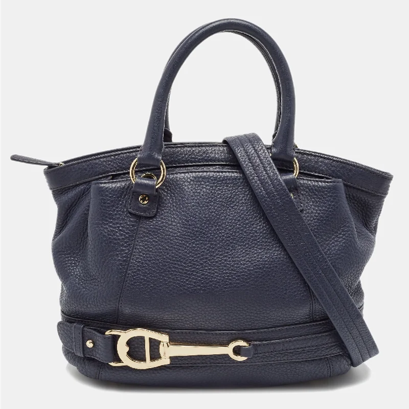 Handle bags with woven fabric for texture -Aigner Navy Blue Leather Cavallina Satchel