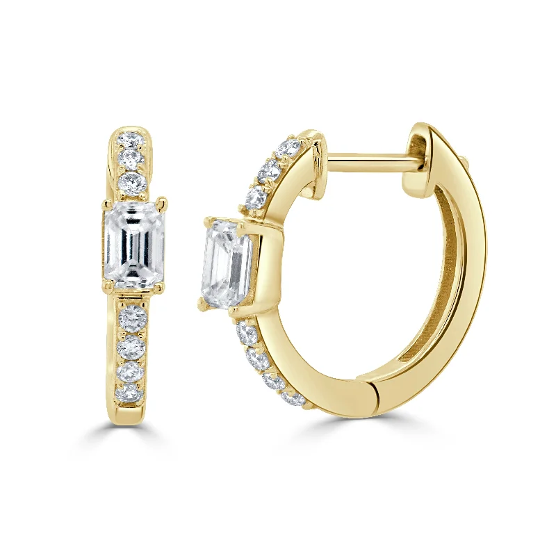 Drop Earrings for School Uniform -Joelle Collection Diamond & Emerald Cut Huggie Earrings 14K Gold