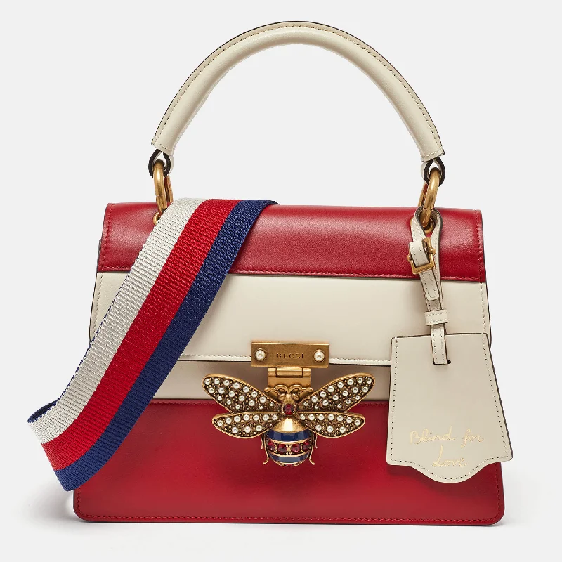 Handle bags with floral embroidery for detail -Gucci Red/off White Leather Small Queen Margaret Top Handle Bag