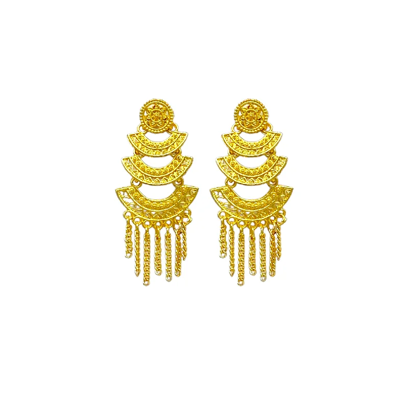 African Drop Earrings with Culture -Gold Earrings with small triple layered curved design and chain tassel