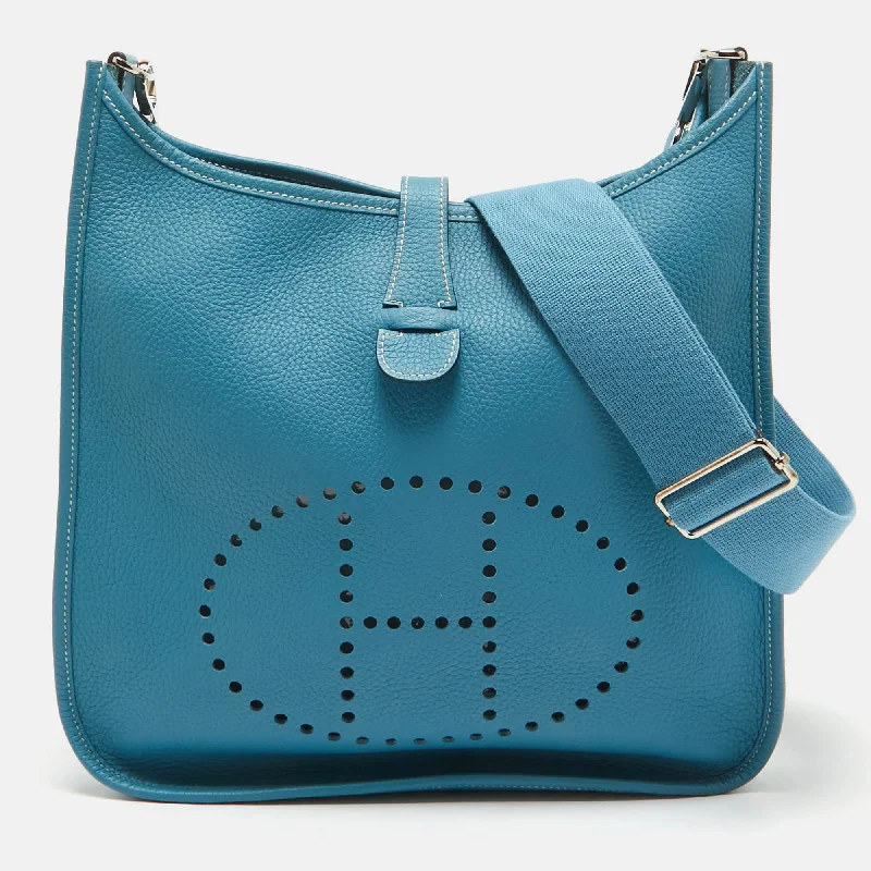 Handle bags with zipper tops for security -Hermes Bleu Jean Togo Leather Evelyne Iii Gm Bag