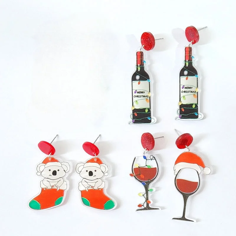 Drop Earrings for Festival Style -Wholesale Merry Christmas Christmas Socks Sloth Red Wine Bottle Wine Glass Earrings