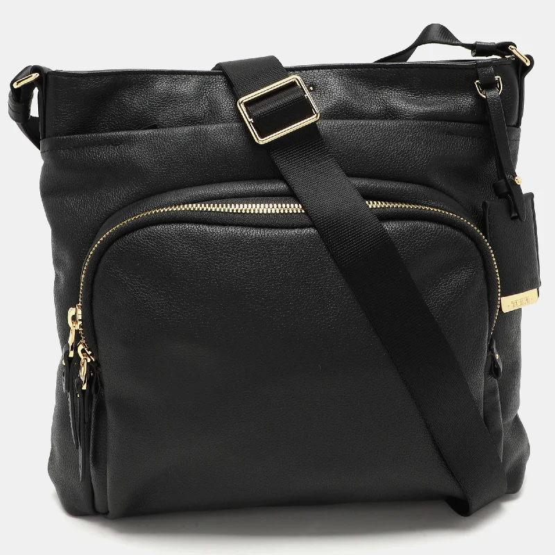 Vegan leather handle bags for eco-friendly chic -Tumi Black Leather Voyageur Messenger Bag