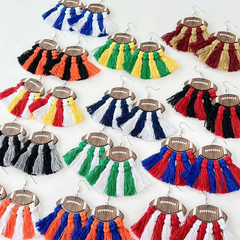 Drop Earrings for Graduation Day -Wholesale 2 Pairs/pack Sports Woven Tassel Rugby Football Cheerleaders Wooden Drop Earrings