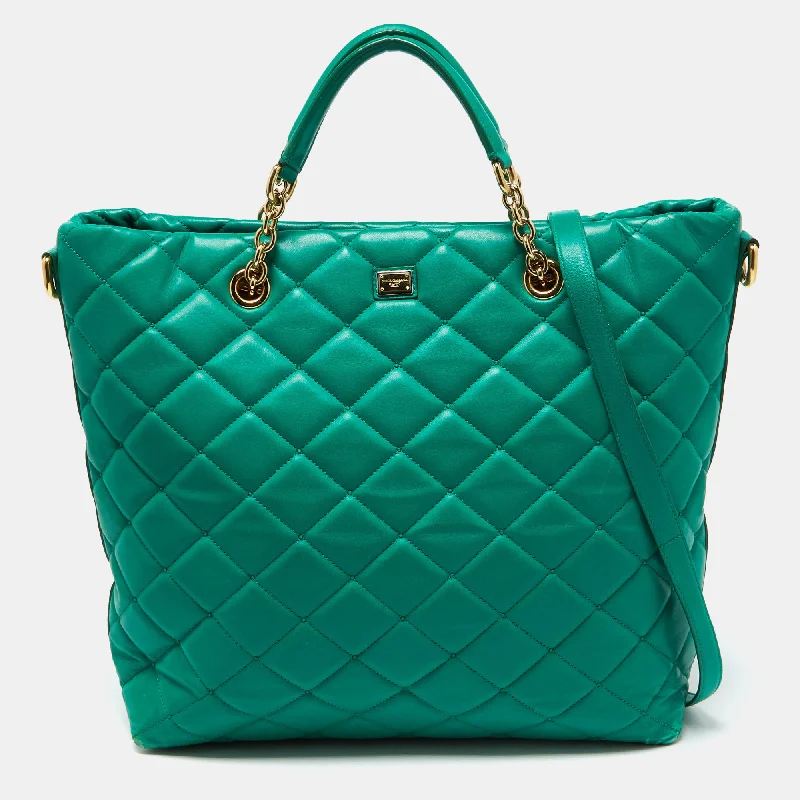 Handle bags with lightweight fabric for ease -Dolce & Gabbana Green Quilted Leather Chain Shopper Tote