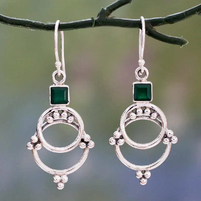 Drop Earrings for Fitness Activities -Handmade Sterling Silver 'Jaipur Magic' Green Onyx Earrings (India) - 1.8L*0.8W