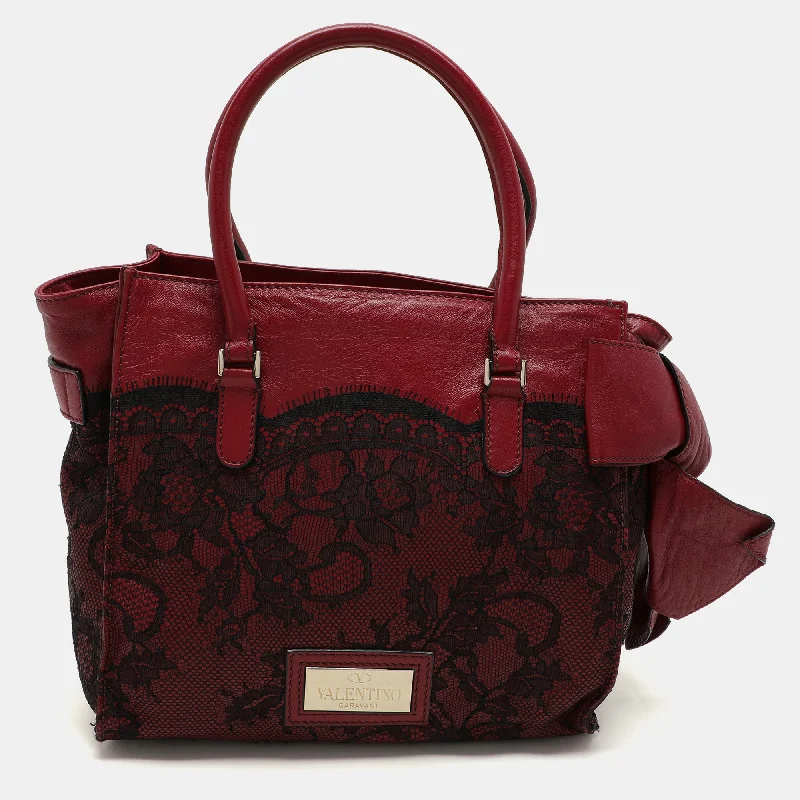 Handle bags with tropical prints for summer -Valentino Dark Red/black Leather And Lace Bow Tote