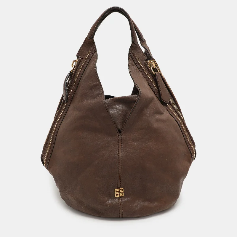 Handle bags with sturdy leather grip accents -Givenchy Brown Textured Leather Small Tinhan Hobo Bag