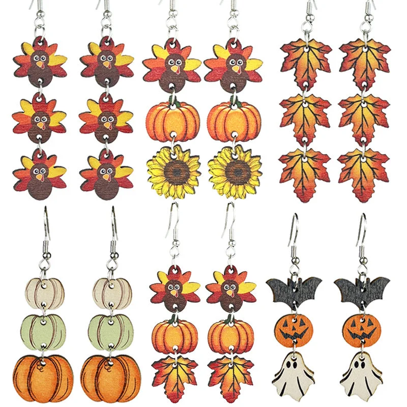 Maximalist Drop Earrings for Bling -Wholesale 2 Pairs/pack Thanksgiving Wooden Multi-Element Turkey Pumpkin Maple Leaf Chinese Restaurant Autumn Vibe Earrings