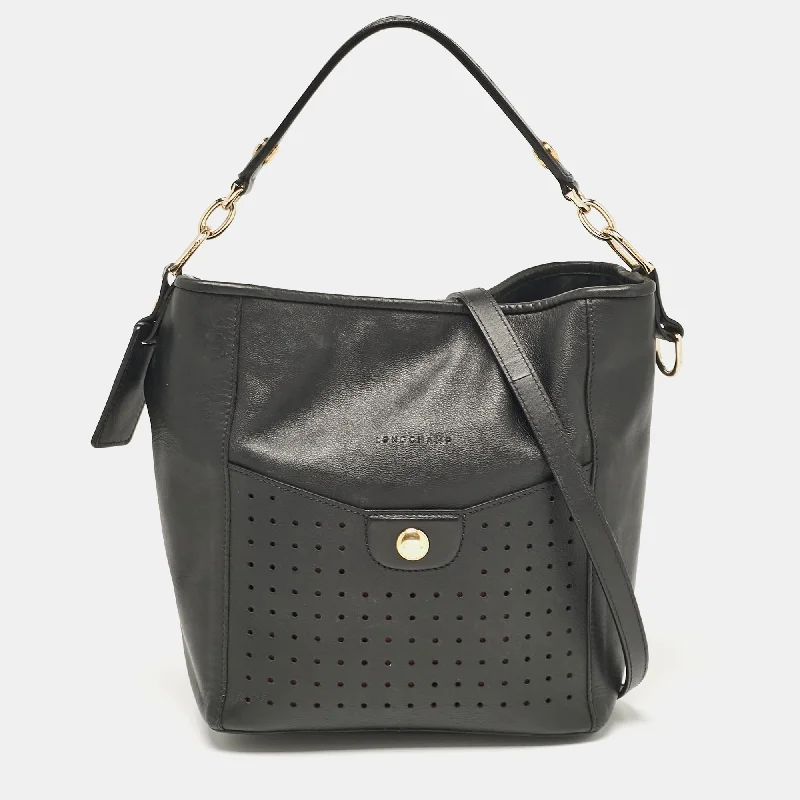 Handle bags with chevron designs for trend -Longchamp Black Leather Perforated Mademoiselle Bucket Bag