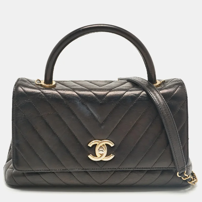 Handle bags with polka dots for fun -Chanel Black Chevron Leather Leather Small Coco Top Handle Bag