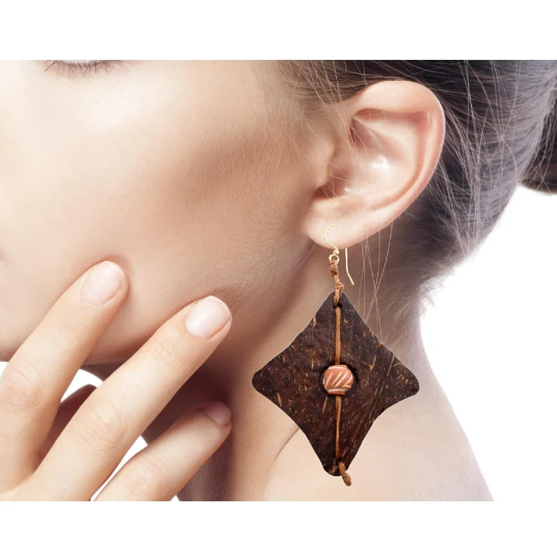 Drop Earrings for Shopping Trip -Coconut Shell Terracotta 'Medieval Diamonds' Earrings (Ghana)