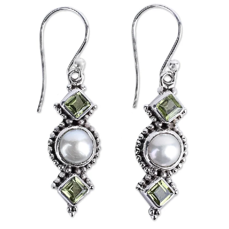 Drop Earrings with Symbolic Elements -Handmade Vernal Allure Pearl Peridot Earrings (India) - Silver - 1.7*0.4