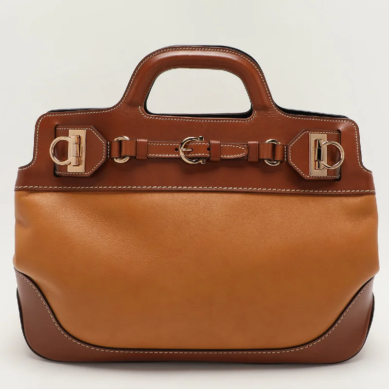 Canvas handle bags perfect for casual outings -Salvatore Ferragamo Brown Two Tone Leather W Satchel