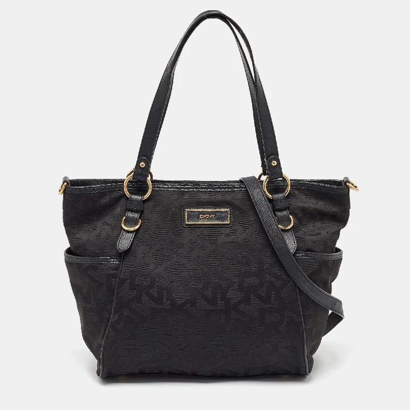 Handle bags with reinforced stitching for durability -Dkny Black Signature Canvas And Leather Tote