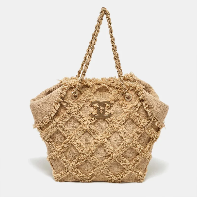 Handle bags with durable hemp for sustainability -Chanel Beige Diamond Stitch Tweed Cc Nature Tote Bag