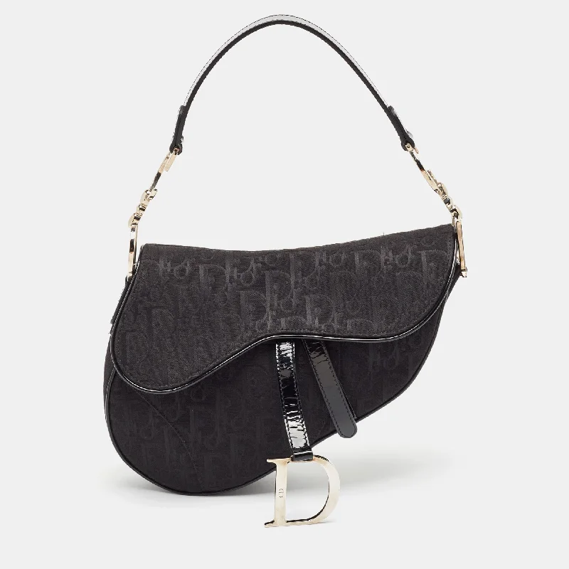 Handle bags with woven fabric for texture -Dior Black Oblique Canvas And Patent Leather Xs Saddle Bag