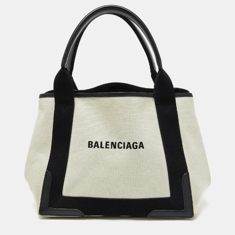 Handle bags with lightweight nylon for ease -Balenciaga Off White/black Canvas And Leather Small Cabas Tote