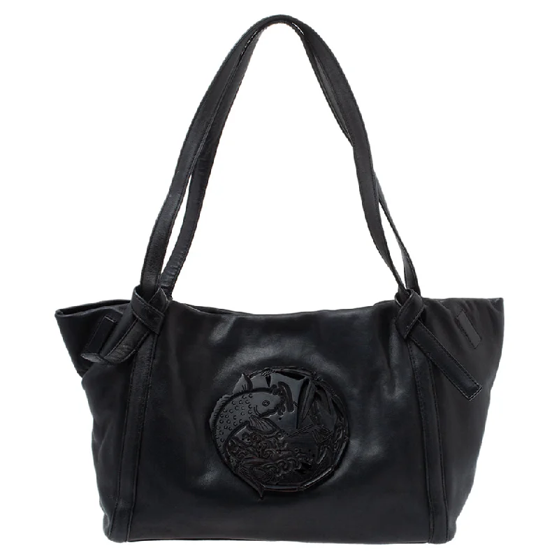 Handle bags with sturdy canvas for longevity -Kenzo Black Leather Koi Fish Tote