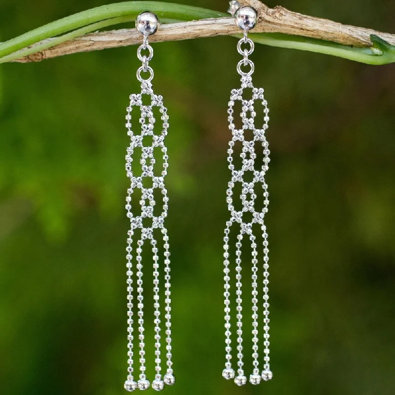 Square Drop Earrings for Modern -Handmade Sterling Silver Lanna Fringe Earrings (Thailand) - 2.3L*0.3W