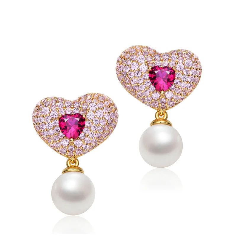 Short Drop Earrings for Subtle -Ga Sterling Silver 14k Gold Plated Ruby Cubic Zirconia And Pearl Heart Drop Butterfly Earrings