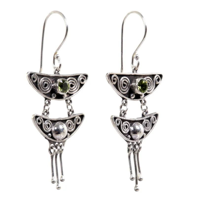 Drop Earrings with Matte Finish -Handmade Sterling Silver 'Summer Moonlight' Peridot Earrings (Indonesia)