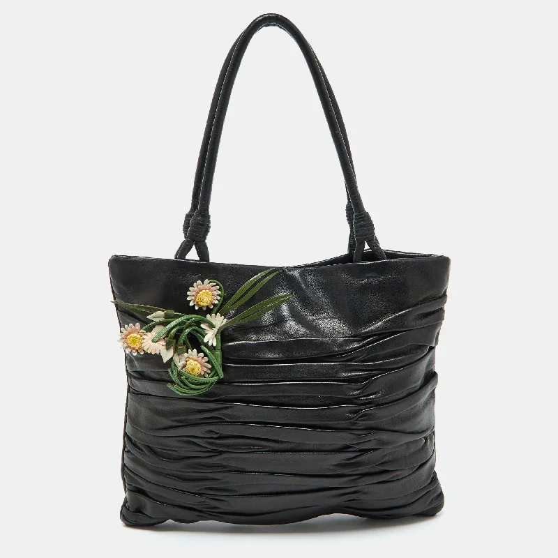 Handle bags with vintage vibes for nostalgia -Prada Black Nappa Leather Gaufré Floral Tote