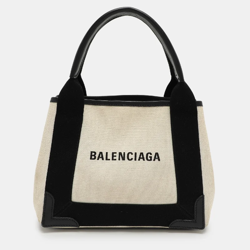 Handle bags with rustic leather for charm -Balenciaga White/black Canvas And Leather Cabas Tote