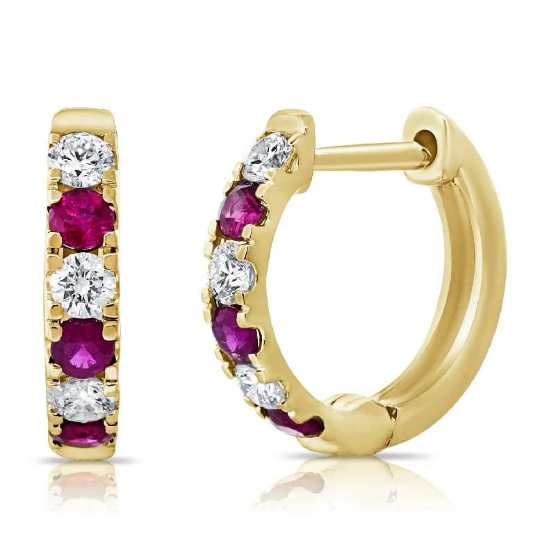 Gold Drop Earrings for Women -Joelle Collection Ruby & Diamond Alternating Huggie Hoop Earrings 14K Gold