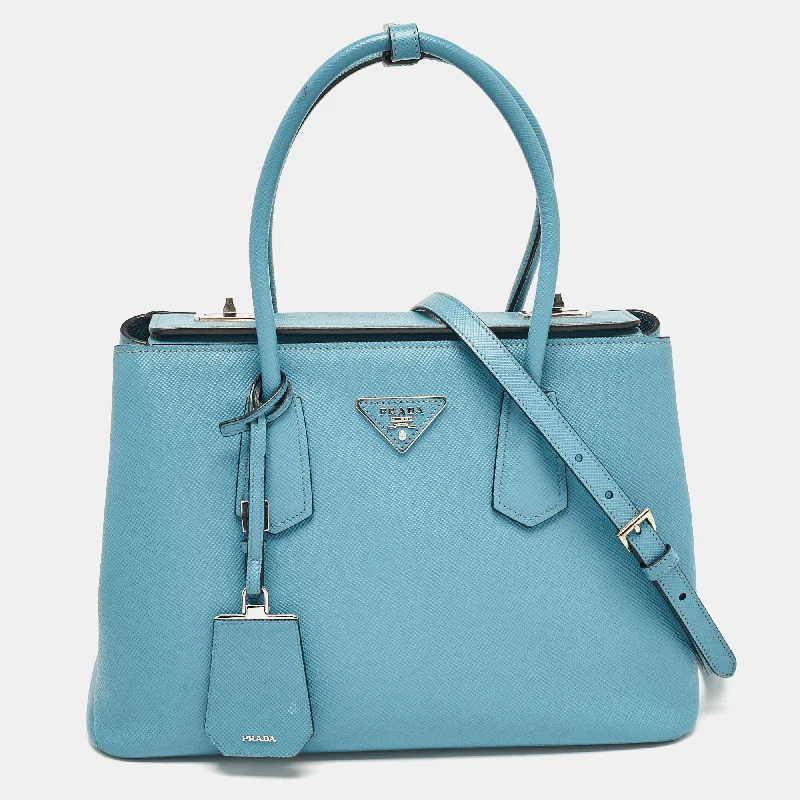 Handle bags with soft leather for luxury -Prada Light Blue Saffiano Lux Leather Twin Tote