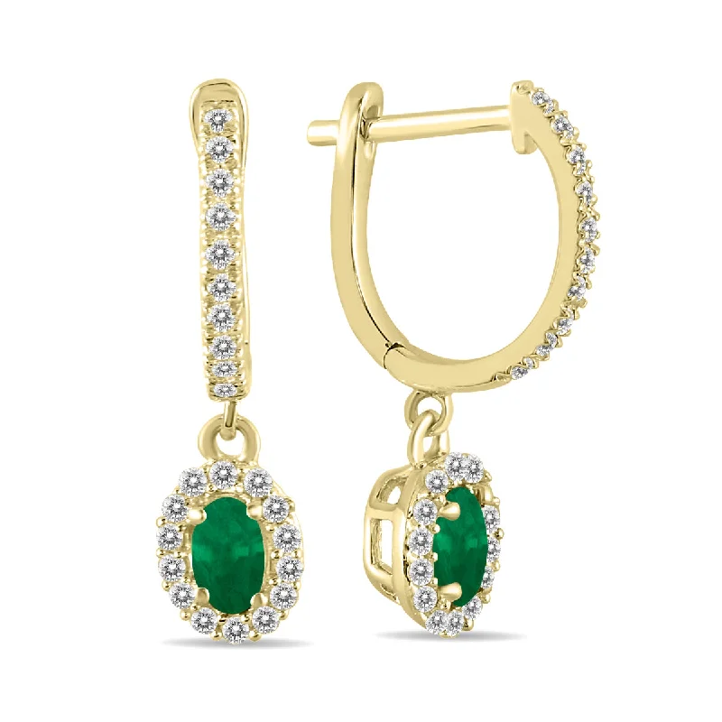 Short Drop Earrings for Subtle -1/2 Carat Oval Emerald And Diamond Halo Dangle Earrings In 10K Yellow Gold