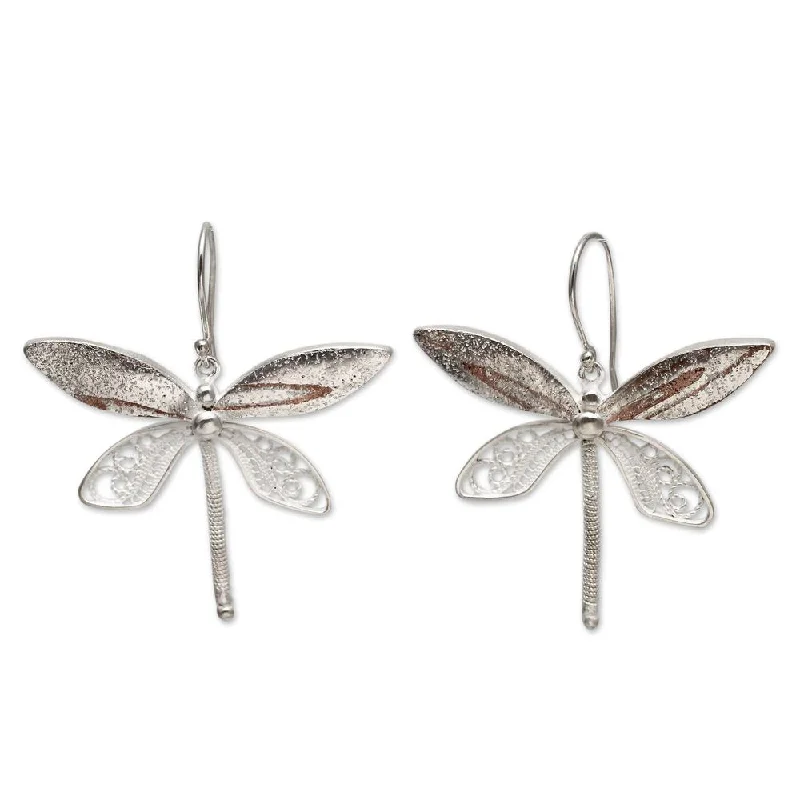 Drop Earrings with Floral Motifs -Handmade Sterling Silver 'Poised Dragonflies' Earrings (Peru) - 9' x 12'